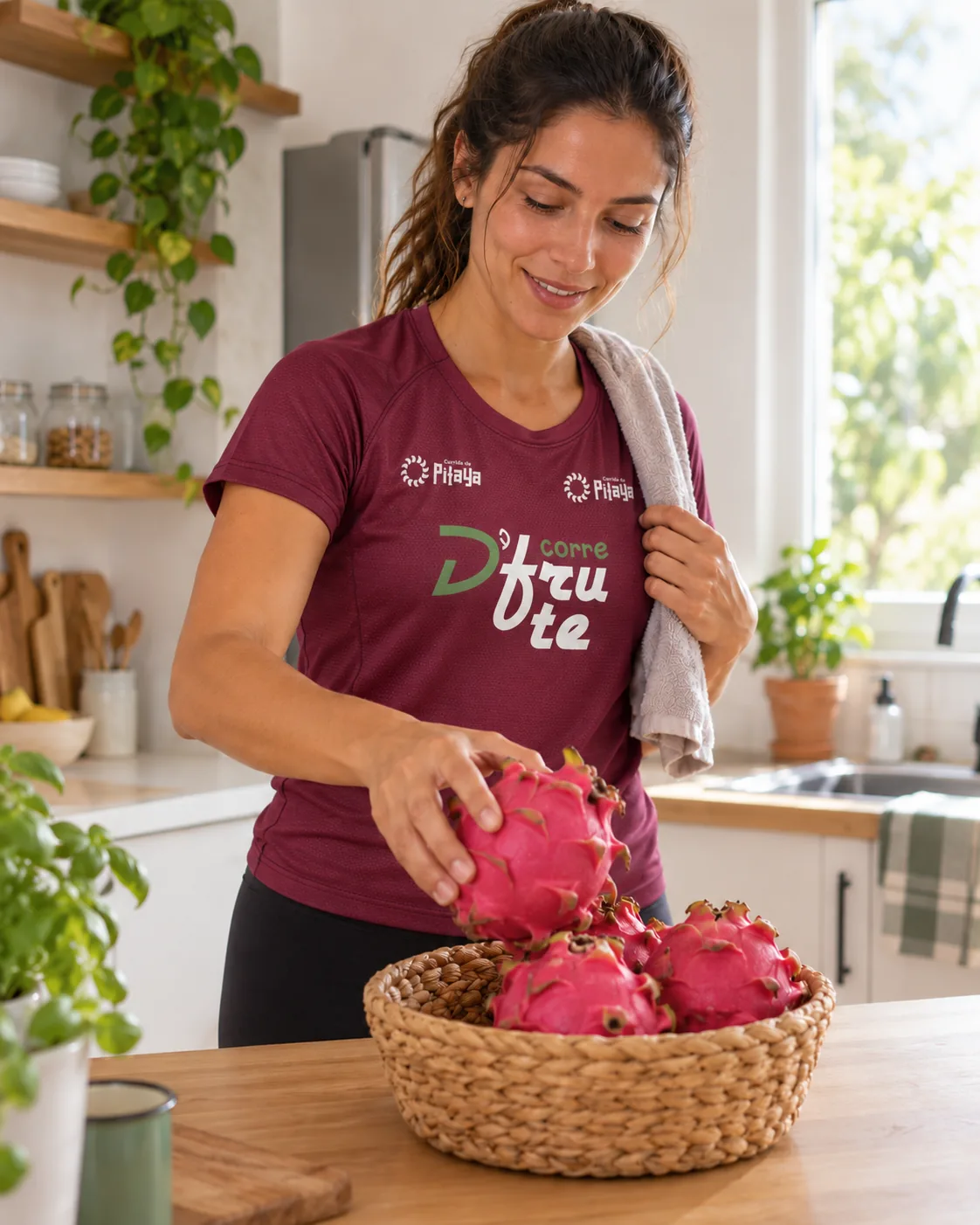 Mulher com a camisa da equipe de corrida Dfrute pegando uma pitaya da cesta na cozinha