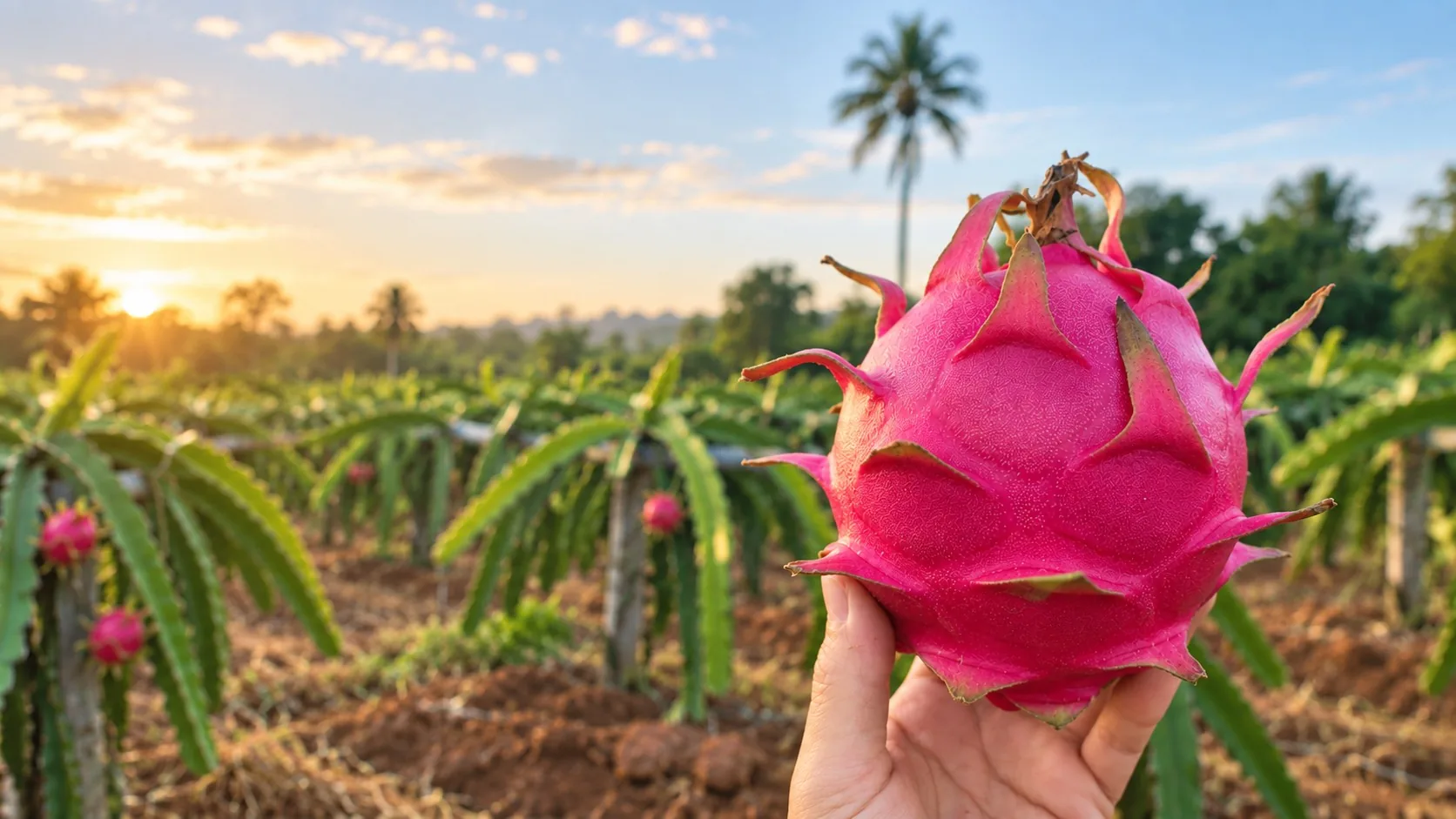 Pitaya madura segurada na plantação