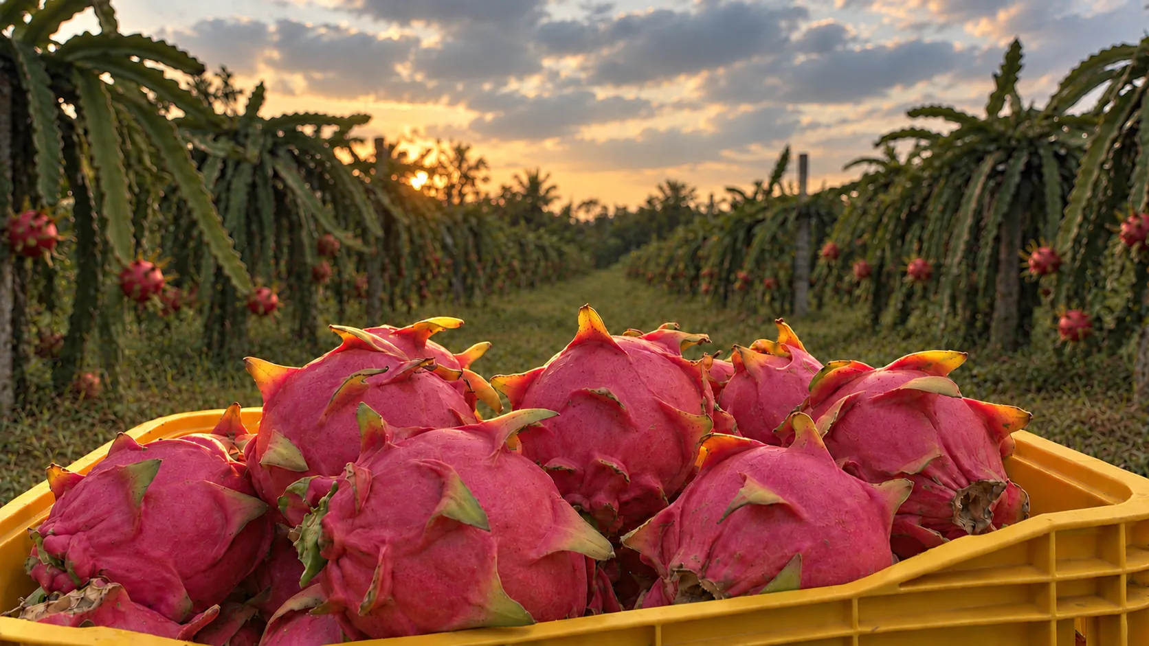Imagem ilustrativa de uma caixa de pitayas diante de carreiras de pitaya ao fim da tarde