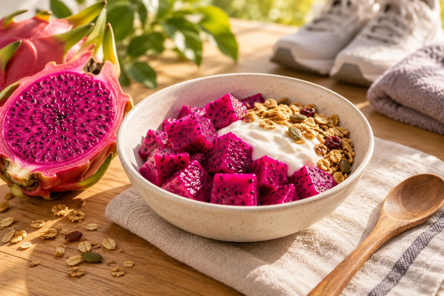 Tigela com pitaya fresca, iogurte natural e granola